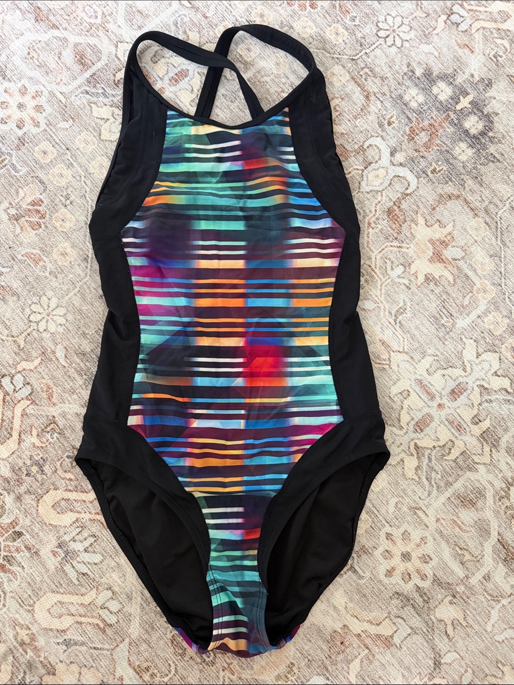 Athleta Black One-Piece Swimsuit with Multicolor Striped Front
